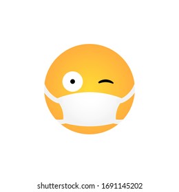 Wink emoticon with medical mask isolated on white background. Coronavirus protection concept. Emoji flat design for social media chat, web, infographics, apps. Vector illustration