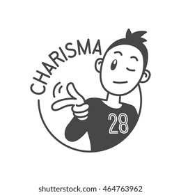 Wink eye and snapping fingers charismatic smiley boy emblem. charisma high level achievements, vector graphic art shape, retro vintage badge design logo, illustration isolated on white background.