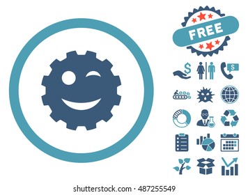 Wink Gear Smiley icon with free bonus symbols. Vector illustration style is flat iconic bicolor symbols, cyan and blue colors, white background.