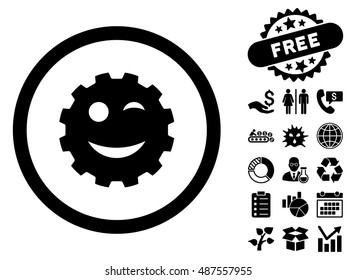 Wink Gear Smiley icon with free bonus pictogram. Vector illustration style is flat iconic symbols, black color, white background.