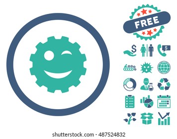 Wink Gear Smiley pictograph with free bonus icon set. Vector illustration style is flat iconic bicolor symbols, cobalt and cyan colors, white background.