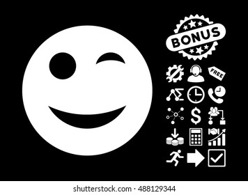 Wink icon with bonus design elements. Vector illustration style is flat iconic symbols, white color, black background.