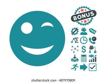 Wink icon with bonus pictures. Vector illustration style is flat iconic bicolor symbols, soft blue colors, white background.