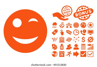 Wink pictograph with bonus pictograph collection. Vector illustration style is flat iconic symbols, orange color, white background.