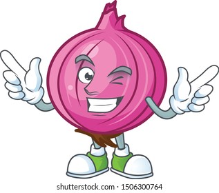 Wink red onion cartoon character with mascot