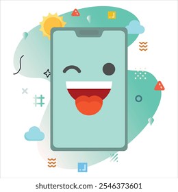 Wink Smile Emoji on a Smartphone Screen: Modern Illustration Design with a Creative Touch of Colorful Geometric Elements | Wink Smile Emoji Icon Design on Smartphone Screen