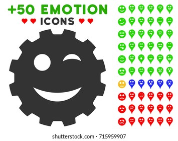 Wink Smiley Gear pictograph with bonus emotion icon set. Vector illustration style is flat iconic symbols for web design, app user interfaces.