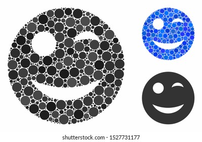 Wink smiley mosaic of filled circles in various sizes and color tints, based on wink smiley icon. Vector filled circles are composed into blue mosaic.