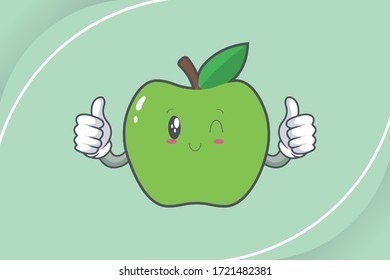 WINK, SMILING, cheerful, Smiling Face Emotion. Double Thumb Up Gesture. Green Apple Mascot Illustration.