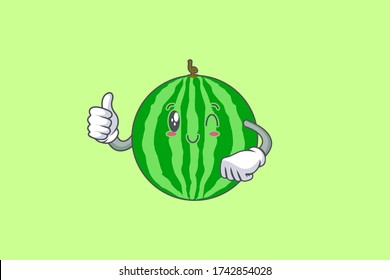 WINK, SMILING, cheerful, Smiling Face Emotion. Thumb Up Hand Hand Gesture. Watermelon Fruit Cartoon Drawing Mascot Illustration.
