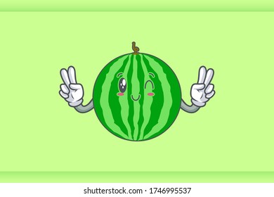 WINK, SMILING, cheerful, Smiling Face Emotion. Double Peace Hand Gesture. Watermelon Fruit Cartoon Drawing Mascot Illustration.