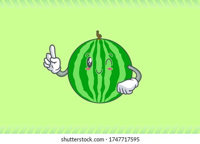 WINK, SMILING, cheerful, Smiling Face Emotion. Forefinger Hand Gesture. Watermelon Fruit Cartoon Drawing Mascot Illustration.