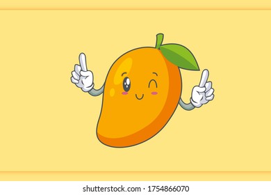 WINK, SMILING, cheerful, Smiling Face Emotion. Double Forefinger Hand Gesture. Yellow Mango Fruit Cartoon Drawing Mascot Illustration.