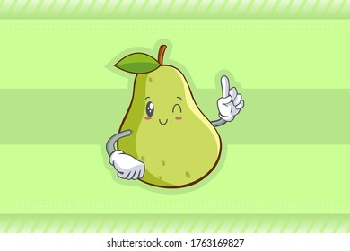 WINK, SMILING, cheerful, Smiling Face Emotion. Forefinger Hand Gesture. Green Pear Fruit Cartoon Drawing Mascot Illustration.