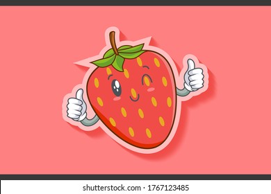 WINK, SMILING, cheerful, Smiling Face Emotion. Double Thumb Up Hand Gesture. Red Strawberry Fruit Cartoon Drawing Mascot Illustration.