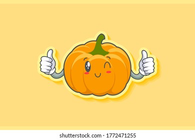 WINK, SMILING, cheerful, Smiling Face Emotion. Double Thumb Up Hand Gesture. Yellow, Orange Pumpkin Fruit Cartoon Drawing Mascot Illustration.