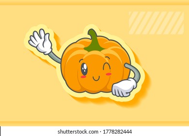 WINK, SMILING, cheerful, Smiling Face Emotion. Waving Hand Gesture. Yellow, Orange Pumpkin Fruit Cartoon Drawing Mascot Illustration.