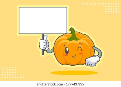 WINK, SMILING, CHEERFUL, SMILE Face Emotion. Holding Whiteboard Hand Gesture. Yellow, Orange Pumpkin Fruit Cartoon Drawing Mascot Illustration.