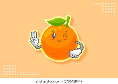 WINK, SMILING, CHEERFUL, SMILE Face Emotion. Peace Hand Gesture. Orange, Citrus Fruit Cartoon Drawing Mascot Illustration.
