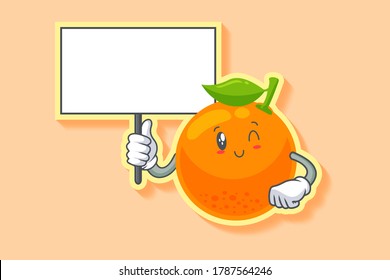 WINK, SMILING, CHEERFUL, SMILE Face Emotion. Holding Whiteboard Gesture. Orange, Citrus Fruit Cartoon Drawing Mascot Illustration.