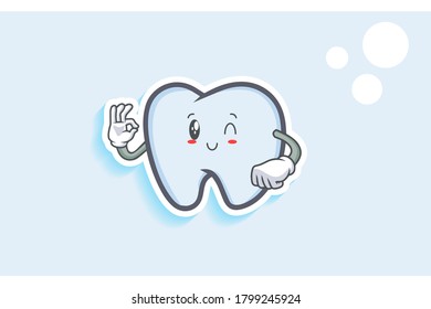 WINK, SMILING, CHEERFUL, SMILE Face Emotion. Nice Hand Gesture. Tooth Cartoon Drawing Mascot Illustration.