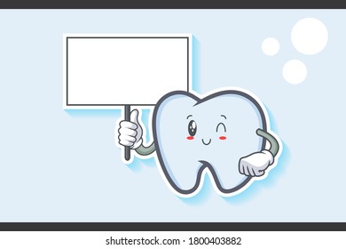 WINK, SMILING, CHEERFUL, SMILE Face Emotion. Holding Whiteboard Gesture. Tooth Cartoon Drawing Mascot Illustration.