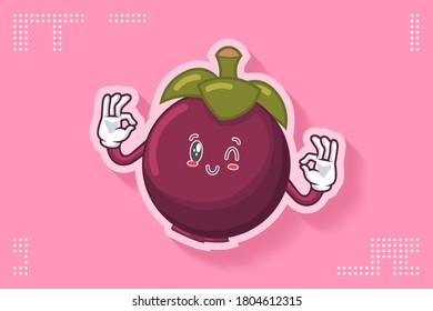 WINK, SMILING, CHEERFUL, SMILE Face Emotion. Double Nice Hand Gesture. Mangosteen Fruit Cartoon Drawing Mascot Illustration.
