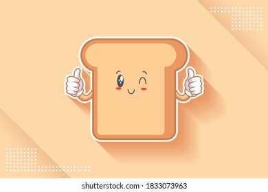 WINK, SMILING, CHEERFUL, SMILE Face Emotion. Double Thumb up hand Gesture. Bread Food Cartoon Drawing Mascot Illustration.
