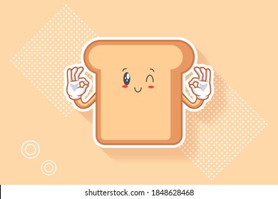 WINK, SMILING, CHEERFUL, SMILE Face Emotion. Nice Hand Gesture. Bread Food Cartoon Drawing Mascot Illustration.