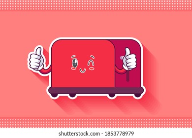 WINK, SMILING, CHEERFUL, SMILE Face Emotion. Double Thumb Up Finger Hand Gesture. Toaster Cartoon Drawing Mascot Illustration.