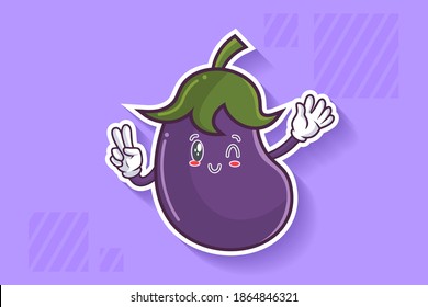 WINK, SMILING, CHEERFUL, SMILE Face Emotion. Peace Finger Hand Gesture. Eggplant vegetable Cartoon Drawing Mascot Illustration.