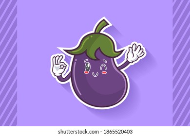 WINK, SMILING, CHEERFUL, SMILE Face Emotion. Nice Hand Gesture. Eggplant vegetable Cartoon Drawing Mascot Illustration.