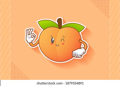 WINK, SMILING, CHEERFUL, SMILE Face Emotion. Nice Hand Gesture. Peach Fruit Cartoon Drawing Mascot Illustration.
