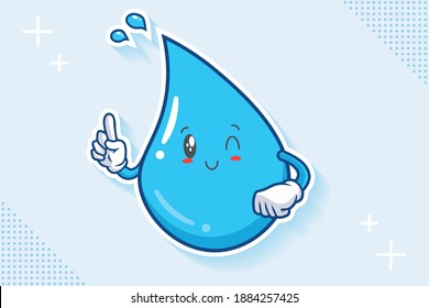 WINK, SMILING, CHEERFUL, SMILE Face Emotion. Forefinger Hand Gesture. Water Drop Cartoon Drawing Mascot Illustration.