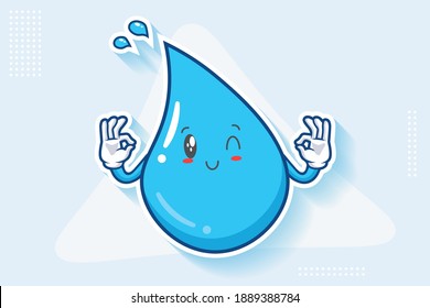 WINK, SMILING, CHEERFUL, SMILE Face Emotion. Double Nice Hand Gesture. Water Drop Cartoon Drawing Mascot Illustration.