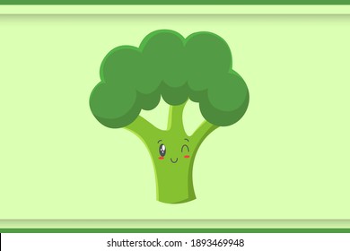 WINK, SMILING, CHEERFUL, SMILE Face Emotion. Broccoli Vegetable Cartoon Drawing Mascot Illustration.