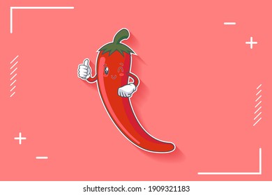 WINK, SMILING, CHEERFUL, SMILE Face Emotion. Thumb Up Hand Gesture. Chili Vegetable Cartoon Drawing Mascot Illustration.