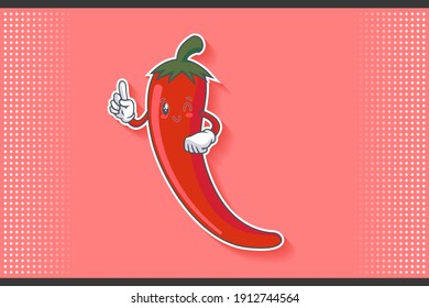 WINK, SMILING, CHEERFUL, SMILE Face Emotion. Forefinger Hand Gesture. Chili Vegetable Cartoon Drawing Mascot Illustration.