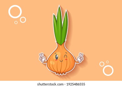 WINK, SMILING, CHEERFUL, SMILE Face Emotion. Double Peace Finger Hand Gesture. Onion, Garlic Vegetable Character Cartoon Drawing Mascot Illustration.