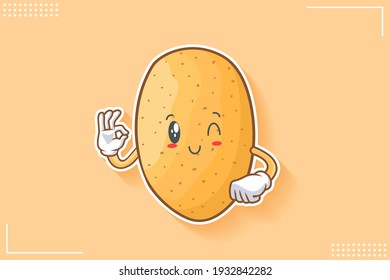 WINK, SMILING, CHEERFUL, SMILE Face Emotion. Nice Hand Gesture. Potato Vegetable Character Cartoon Drawing Mascot Illustration.