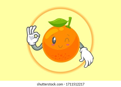 WINK, SMILING, Face. OK, Nice, Agreement Gesture. Mascot Vector Illustration. Orange Citrus Fruit Cartoon.