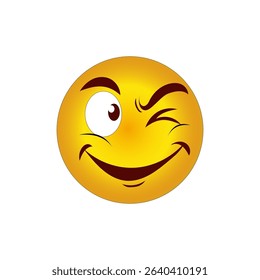 Wink vector icon. Smiling face shape. Yellow color design. White background symbol.