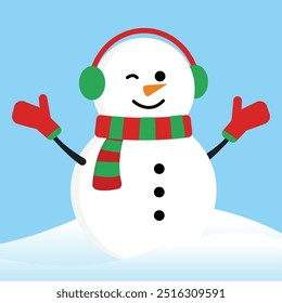 Wink White Snow Man with Twig Hand Up Gloves Wearing Red Green Headphone and Scarf Winter on Blue Background