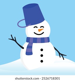 Wink White Snow Man com galho mão para cima vestindo chapéu de balde azul e Scraf inverno no fundo azul