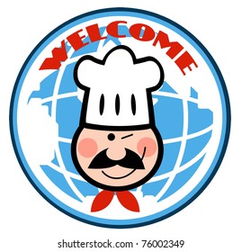 Winked Chef Man Face Cartoon In Front Globe