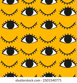 Winked eyes seamless pattern. Doodle vector illustration. Open and closed eyes with lashes on yellow backdrop