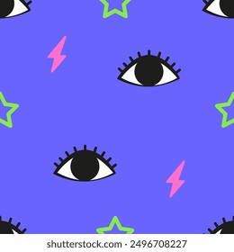 Winked, open, close eyes. Seamless pattern in Y2K style. Blinking eyes, colorful stars and lightnings on purple backdrop