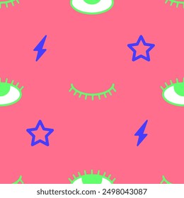 Winked, open, close eyes. Seamless pattern in Y2K style. Green blinking eyes, blue stars and lightnings on pink background