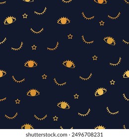 Winked, open, close eyes.Vector seamless pattern. Gold colored blinking eyes with lashes and stars icons on navy blue background