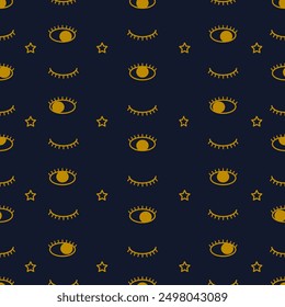 Winked, open, close eyes.Vector seamless pattern. Gold colored blinking eyes with lashes and stars icons on navy blue background